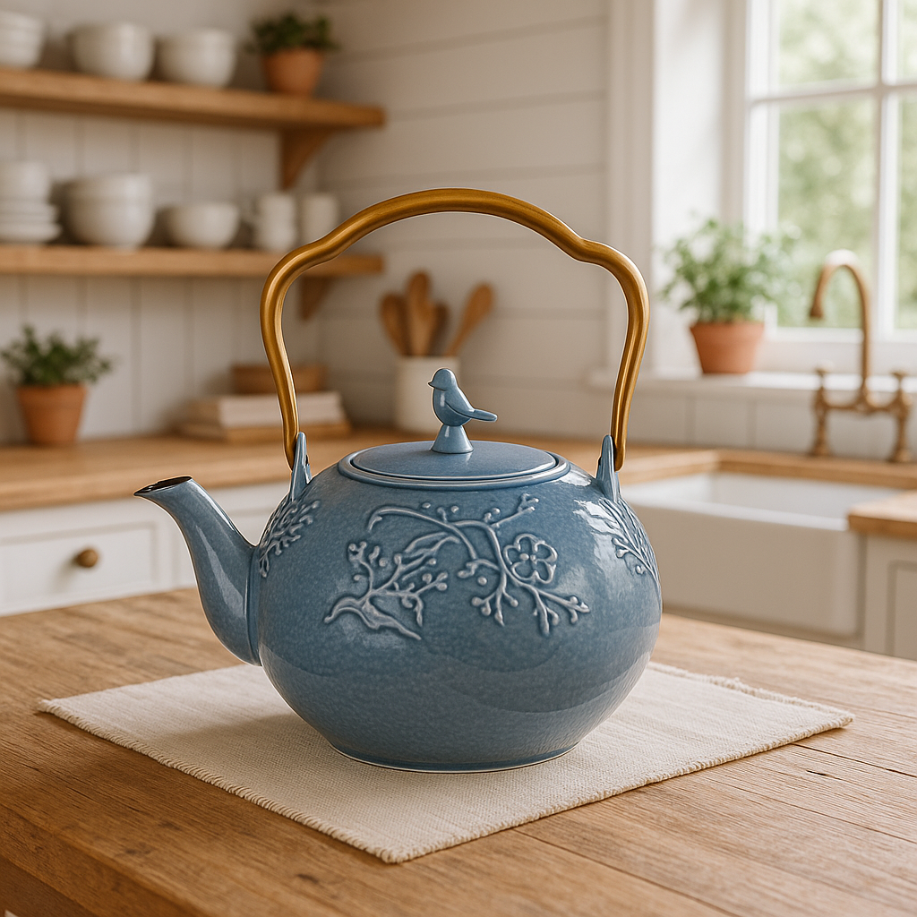 Ocean Cast Iron Teapot | Japanese Tetsubin Style with Cherry Blossom & Bird Design