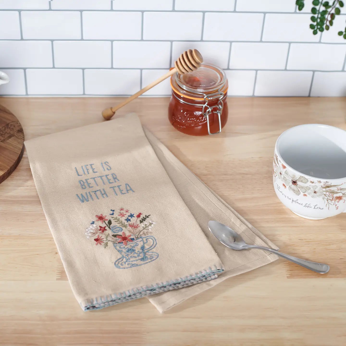 “Life Is Better With Tea” Gift Set | Tea Towel & Floral Spoon Rest Collection