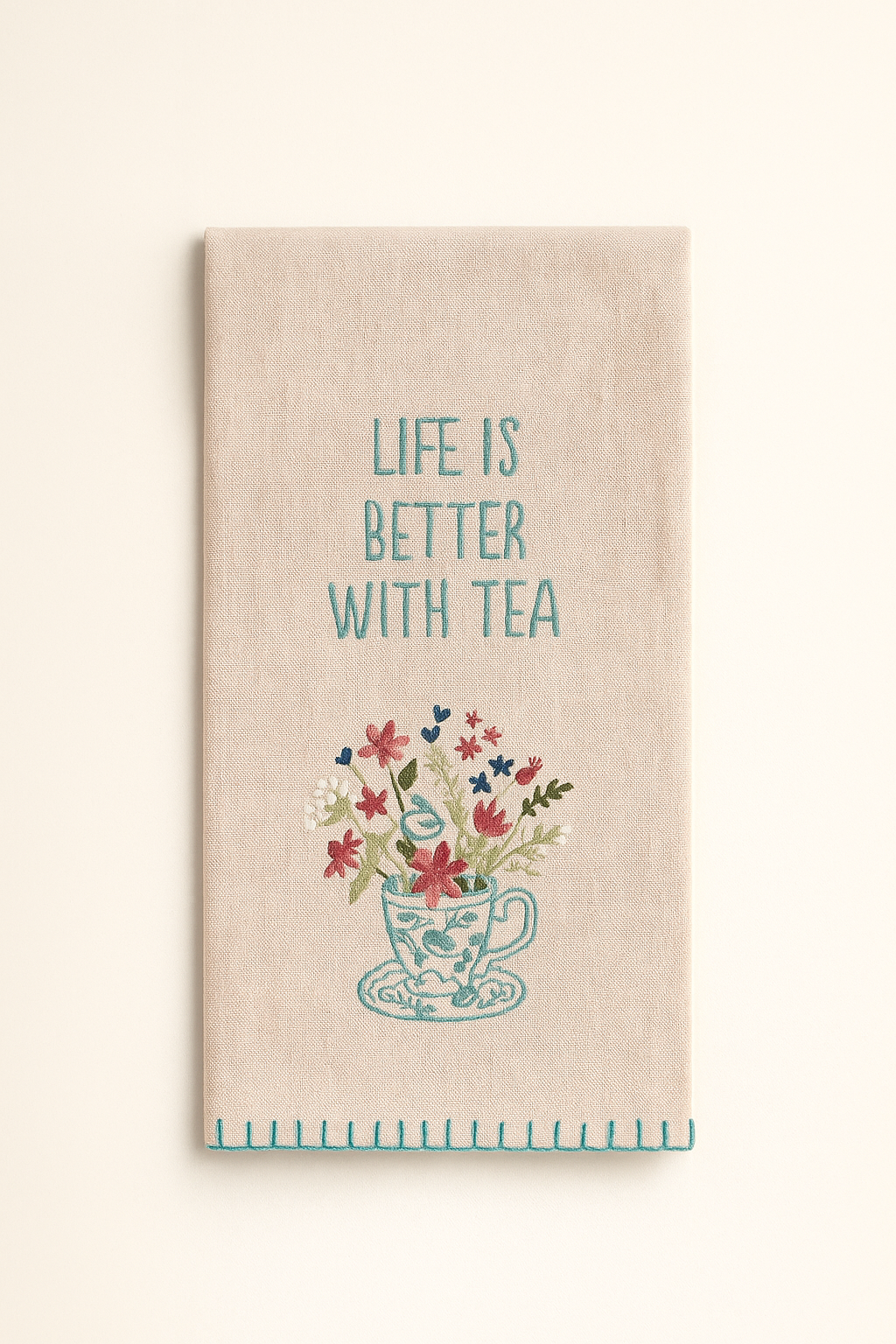 “Life Is Better With Tea” Embroidered Tea Towel | Cotton-Linen Kitchen Towel