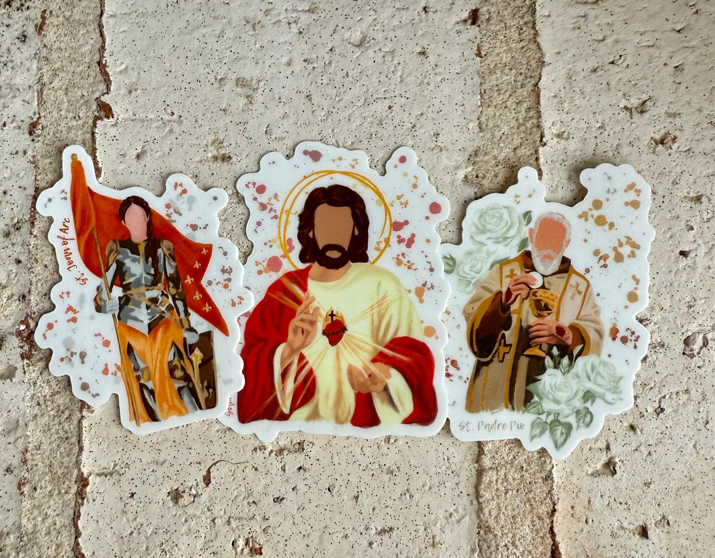 Saint Vinyl Mini Sticker Set – St. Padre Pio, St. Joan of Arc & The Sacred Heart of Jesus